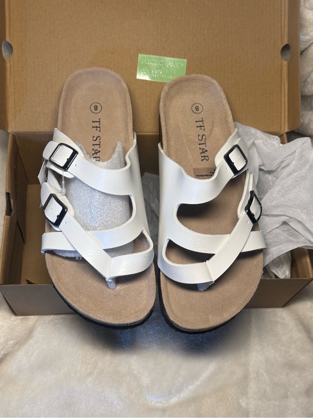 White Triple-Strap Buckle Slide Sandals for Women